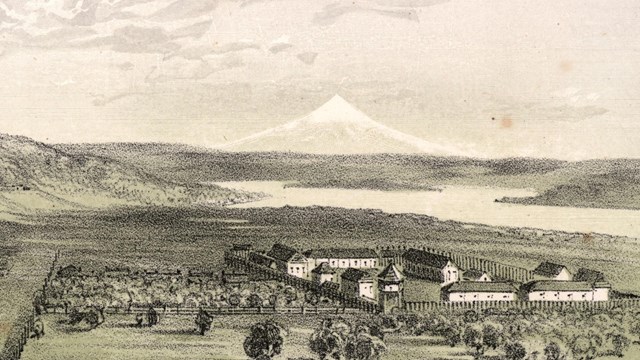 A historic lithograph by Gustav Sohon of Fort Vancouver