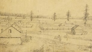 Historic drawing of the Fort Vancouver Village