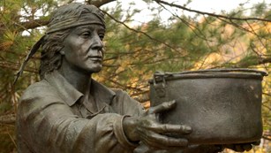 Bronze sculpture holding a pot.