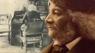 A graphic that combines two historic Frederick Douglass images