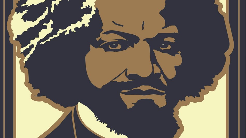A logo for the Frederick Douglass Bicentennial featuring a graphic of Douglass's face