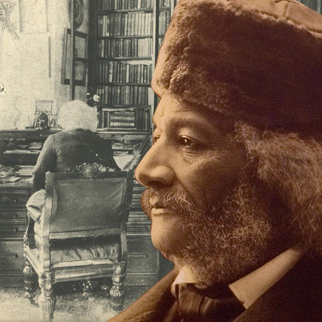 A graphic that combines two historic Frederick Douglass images