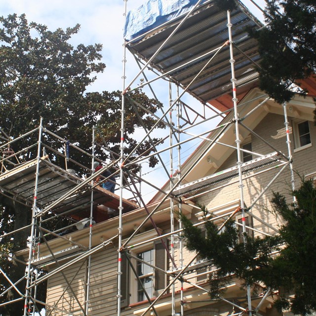 Scaffolding on a historic house