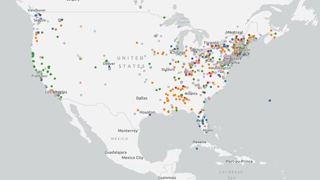 Map with GIS mapping points indicating Olmsted designs