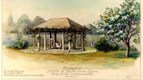 A sketch of a shelter by the Olmsted firm for the Kennedy family home in Hyannis Port, Massachusetts