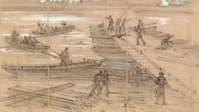 Sketch of soldiers building a pontoon bridge.