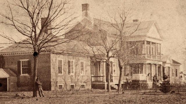 A historical photo of Chatham Manor during the Civil War with bare landscaping.