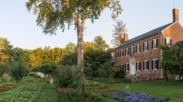 A colorful garden blooms in front of Chatham Manor.