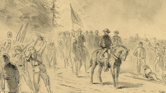 A pencil sketch of soldiers cheering on a man on horseback.
