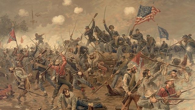 A painting of United States Civil War soldiers charging over a trench.