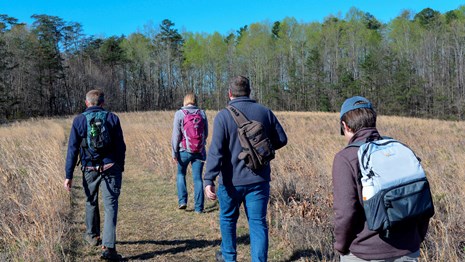 Four people walk in a field.