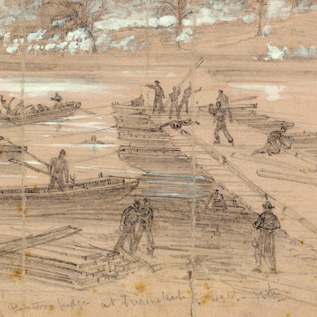 Pencil drawing of Civil War soldiers building a bridge.