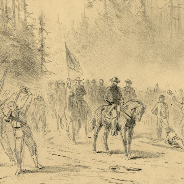 A pencil sketch of soldiers cheering on a man on horseback.
