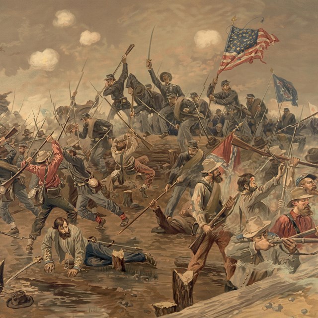 A painting of United States Civil War soldiers charging over a trench.