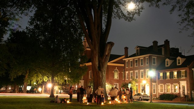 A group of people gather for a lantern tour under a large tree. 