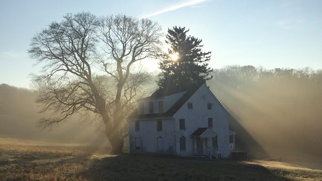 The sun shining behind the Ramsey House as the fog begins to rise. 