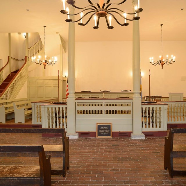 A view of the English style Court Room inside the New Castle Court House Museum. 