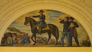 A mosaic mural in the upper galleries of the memorial show U.S. Grant on horseback.