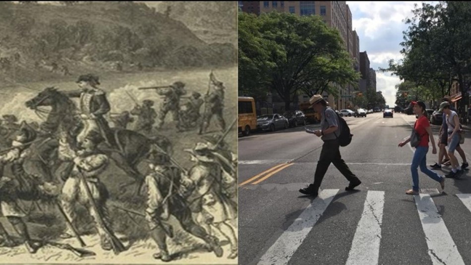 Image of Washington on horseback leading soldiers and image of ranger leading visitors across street