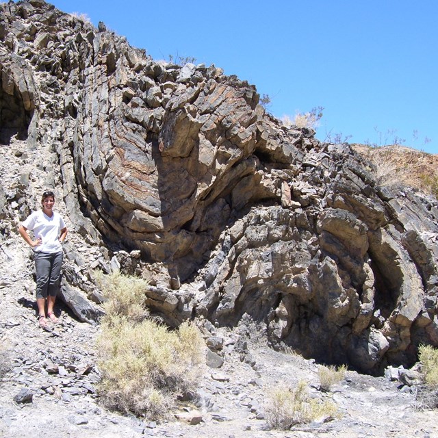 folded rock layers in desert wash