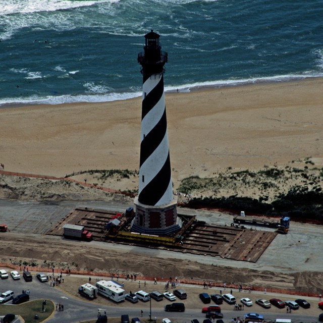 lighthouse being moved away from shoreline