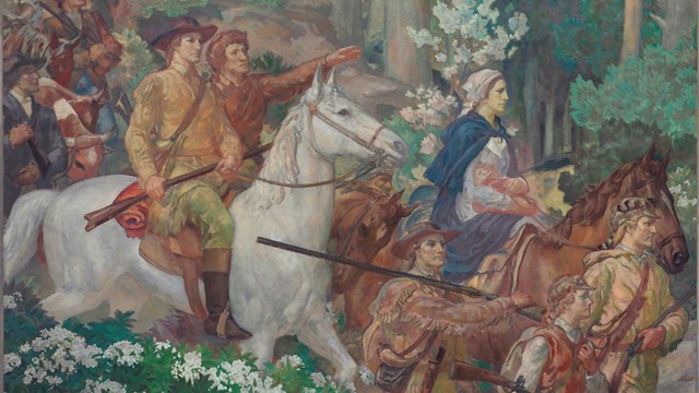 George Rogers Clark on a white horse leading settlers across the Allegheny Mountains.