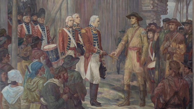 Henry Hamilton hands his sword to Clark in surrender