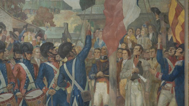 Soldiers raise the US flag to celebrate the acquisition of the Louisiana Territory. 