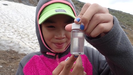 Youth volunteer holding up a vile