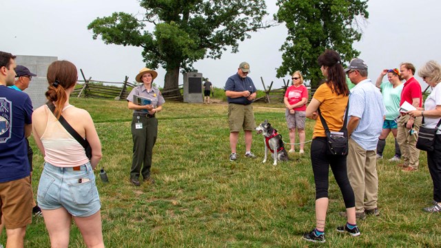 A group of around fifteen visitors stand near a National Park Service ranger as she talks to them.