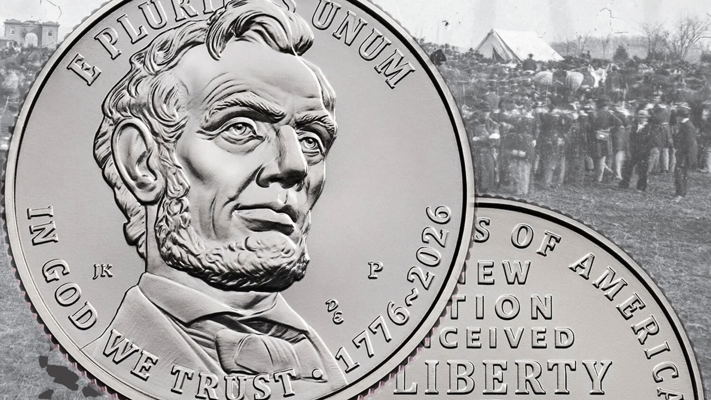 Two sides of a quarter are shown. Abraham Lincoln bust on the left, hands shaking on the right.