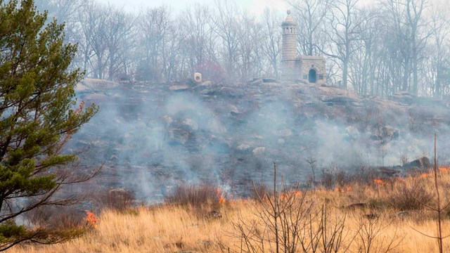 A prescribed fire moves across the western face of Little Round Top from left to right through field