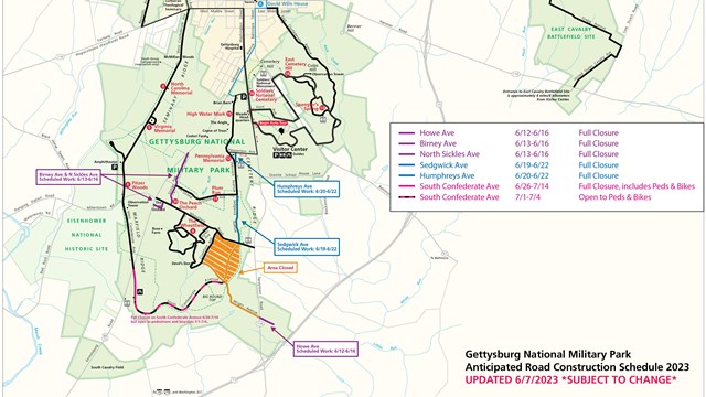 A color map of the Gettysburg battlefield with black, pink, purple, and blue lines designating roads