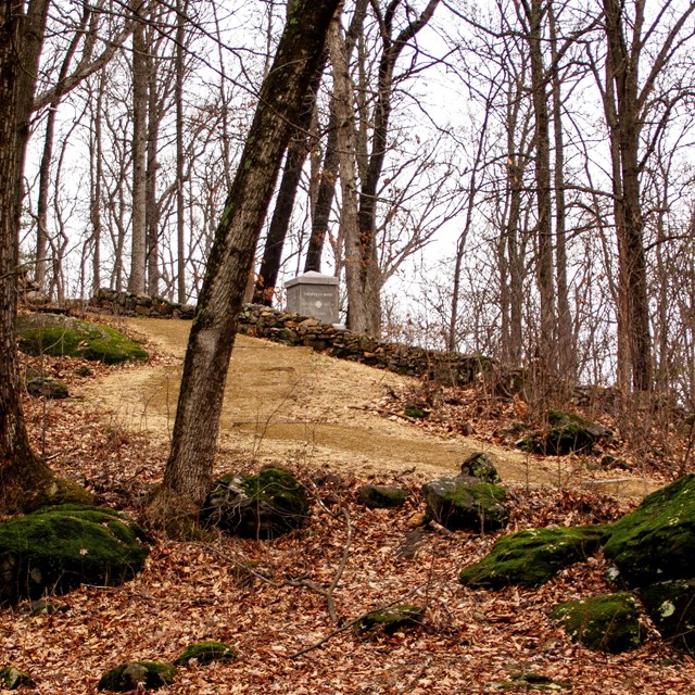 Stone monument in distance in wooded area between trees. Dirt path leads to monument.