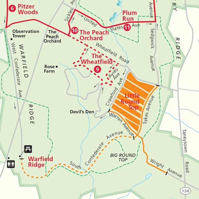 A map that shows the Auto Tour detour of the battlefield during the Little Round Top project.