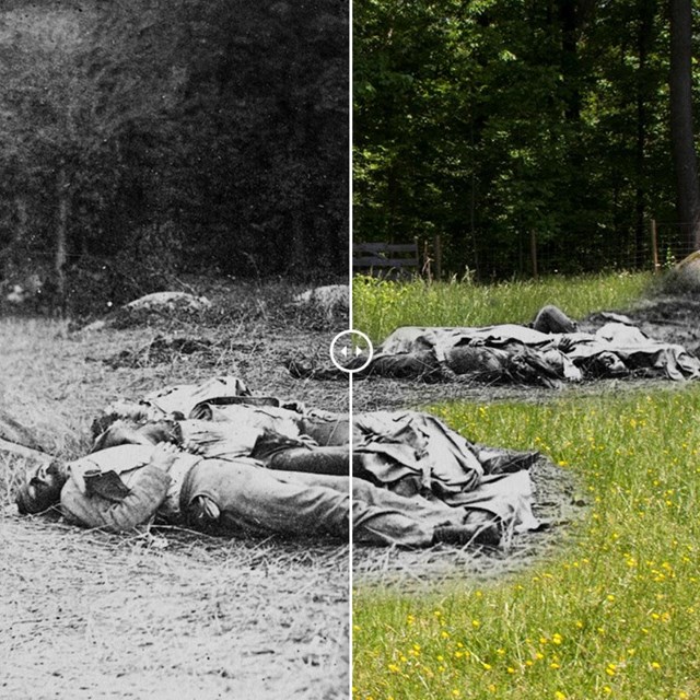 Four dead soldiers lay in a field. Split photo, black and white on left, color on right.