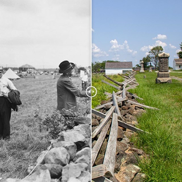 Split picture of Civil War veterans shaking hands over a stone wall.