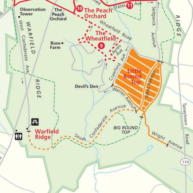 A map that shows the Auto Tour detour of the battlefield during the Little Round Top project.