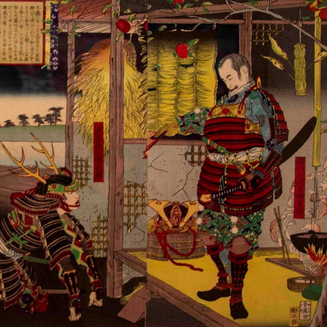 A colorful Japanese painting of samurai warriors. A wooden hut is on the right.