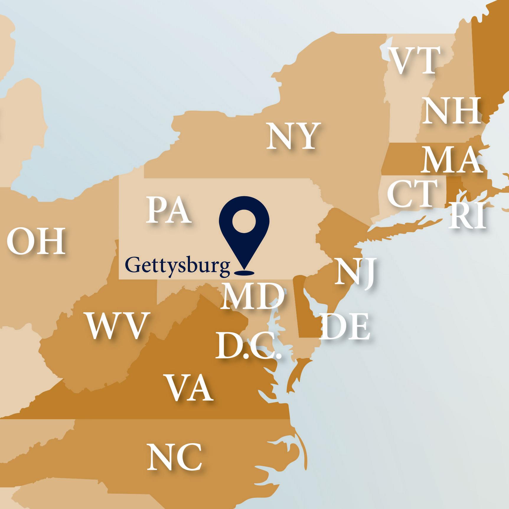 A map of the United States. The states are in various shades of brown on a blue background.