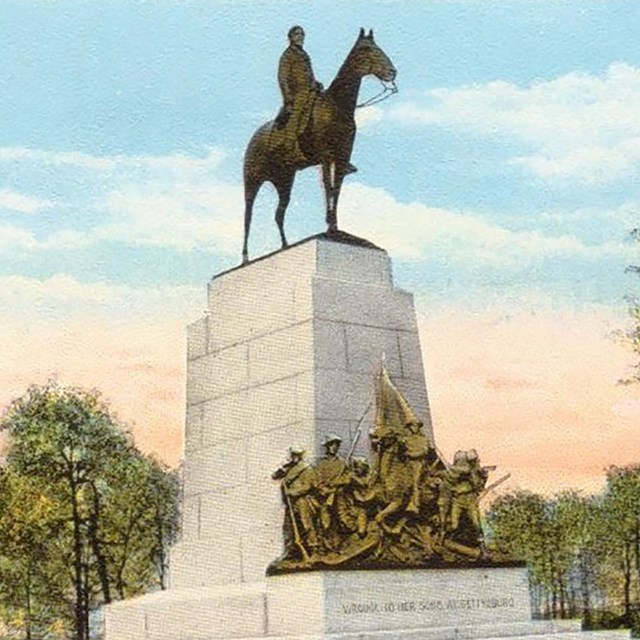 A colorful water color painting of a tall granite monument with a bronze horse and rider at the top.
