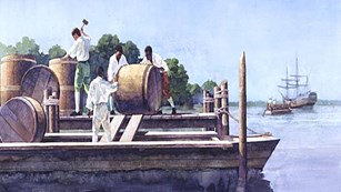 Illustration of enslaved moving large barrels