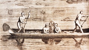 American Indians Fishing in Canoe by de Bry & White