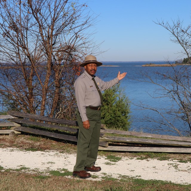 Park Ranger on cliff overlooking Popes Creek
