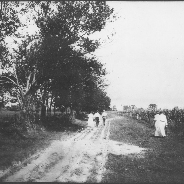 1930 black and white photo of men and women walking on sandy road