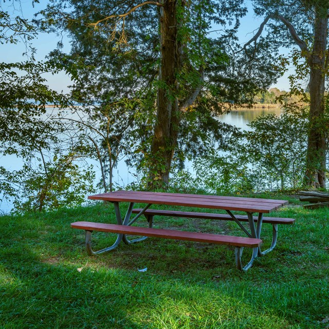 Red picnic table overlooking Popes Creek