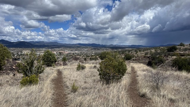 a fork in a trail splitting off in two directions, storm clouds build in the sky