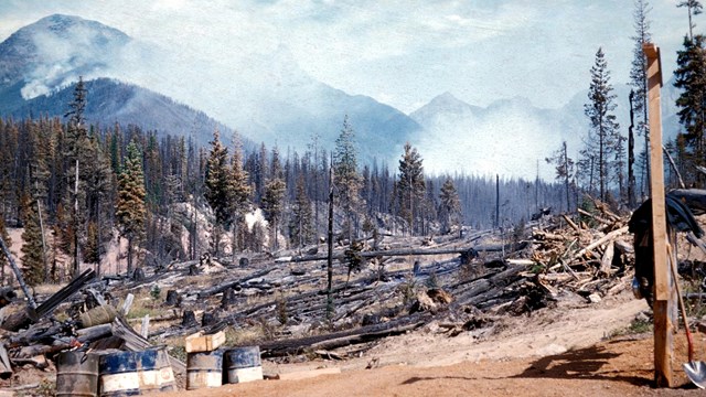 grainy image of burnt landscape with barrels in foreground and smoke and mountains in background