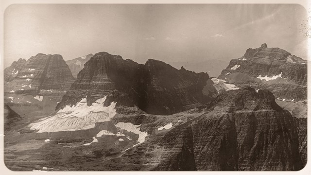 High perspective of a mountain landscape with a glacier