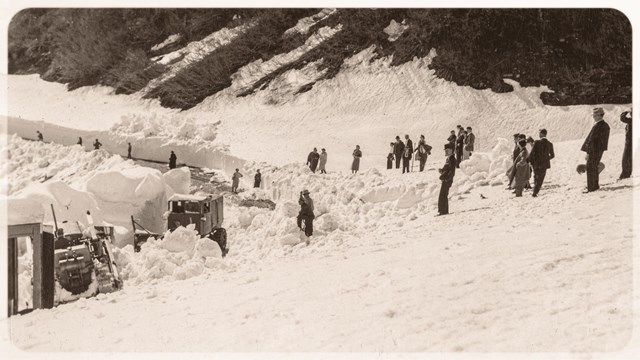 black and white image of people watching snow plowing
